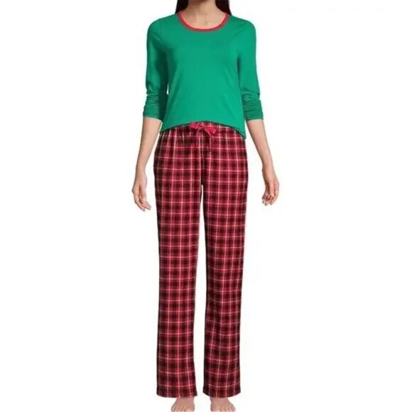 Lands' End Women's Pajama Set Knit Long Sleeve T-Shirt and Flannel Pants, NWT - Picture 1 of 3